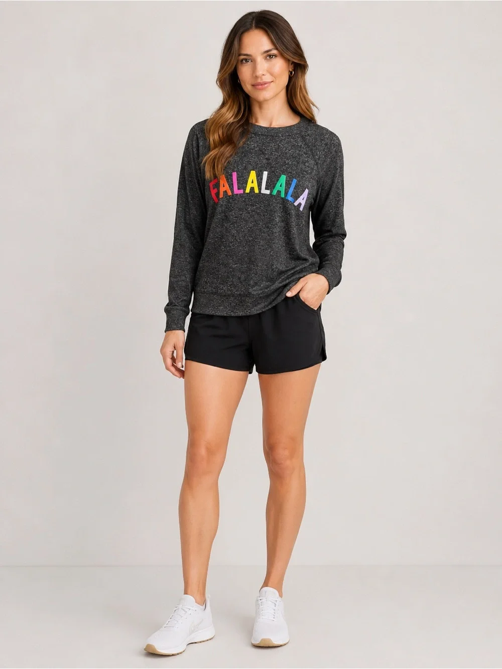 PINK Victoria's Secret S Charcoal Crewneck Sweatshirt w/ Rainbow 'FALALALA'
